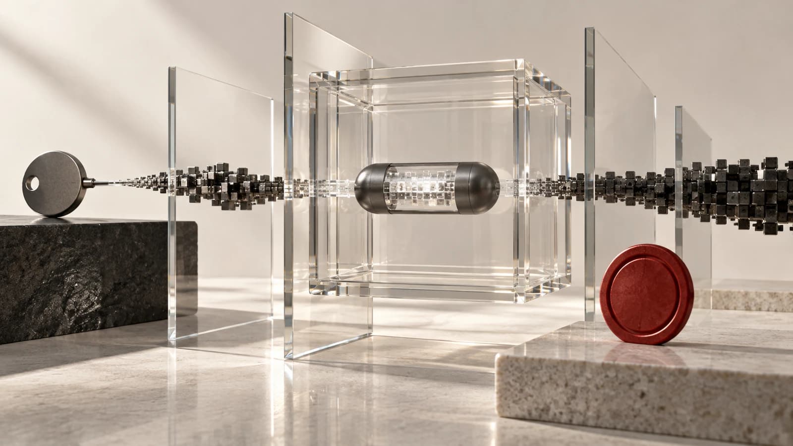 A dark memory capsule sits inside a clear layered enclave between a device key, opaque data blocks and a red verification seal