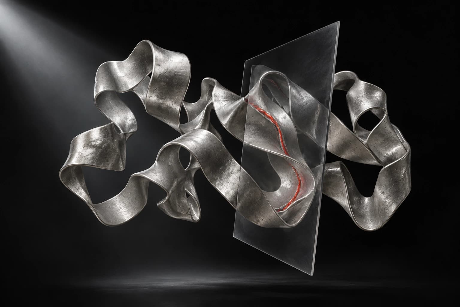 An abstract folded silver ribbon holds a fine red seam within one fold beneath a translucent inspection plane