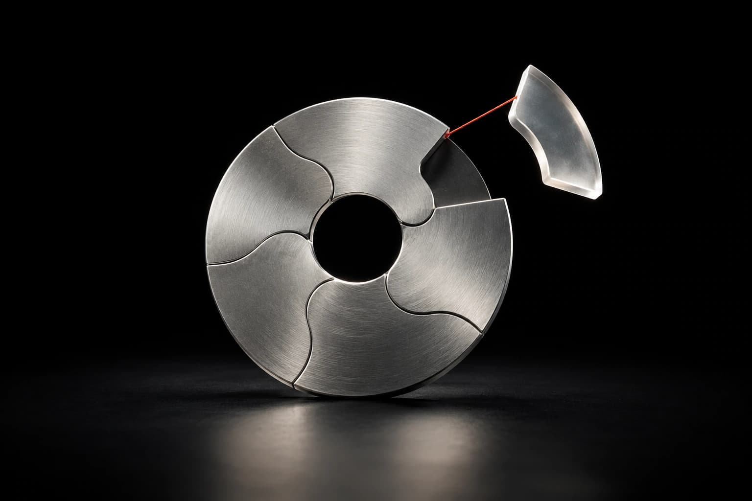 An unmarked silver segmented disk holds a translucent piece outside an open socket on a fine red tension filament.