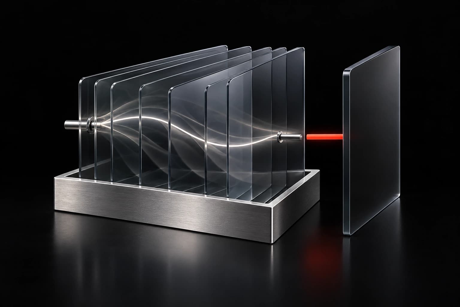 Translucent glass sheets align inside a silver registration frame; a white filament ends before a red bar and a separate dark plate.