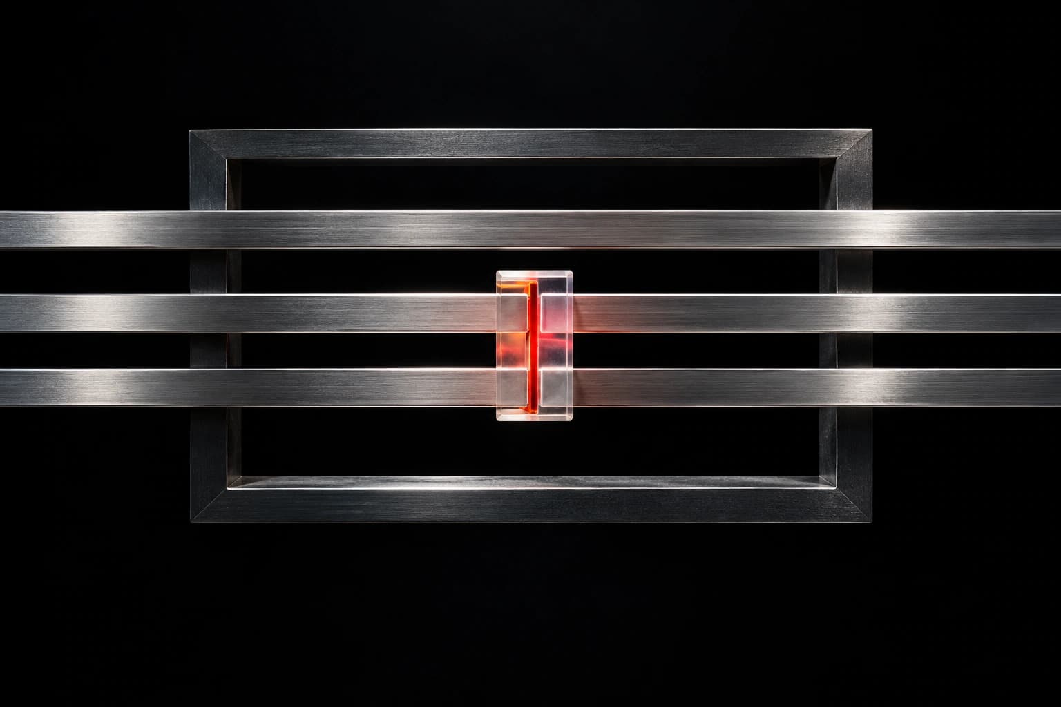A translucent connector with a red seam aligns two silver rails inside a wider open graphite framework.