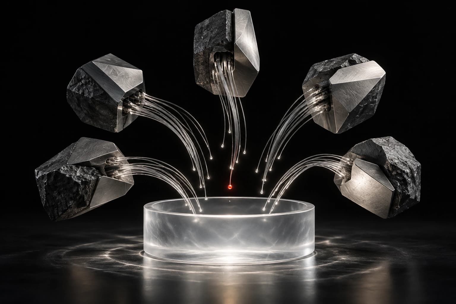 Separate silver and graphite cassettes suspend fine filaments above a translucent receiving basin, with a small red joining point marking the remaining gap.