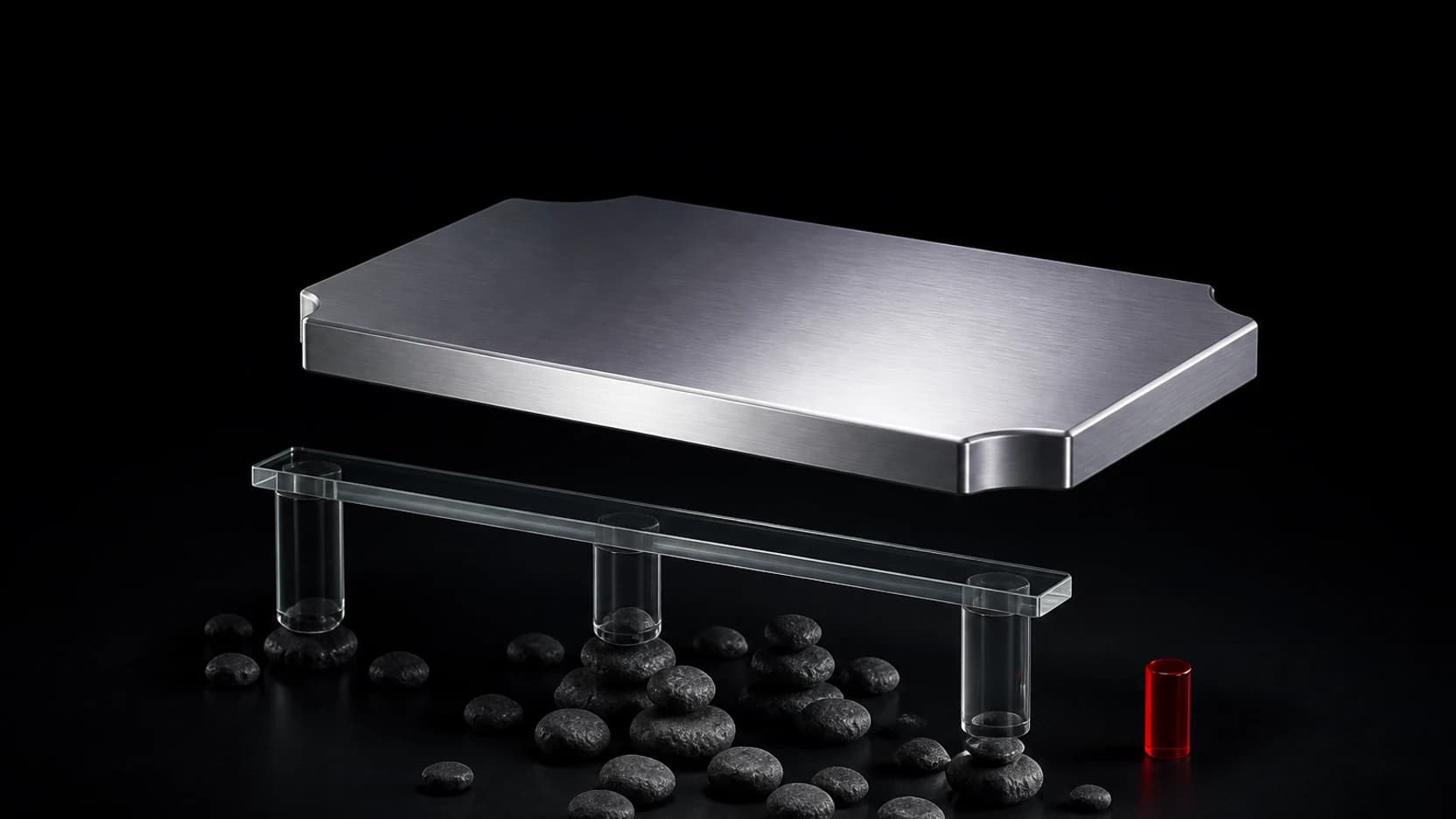 A polished blank silver slab floats above a transparent verification bridge with dark witness stones below and one restrained red support left unused