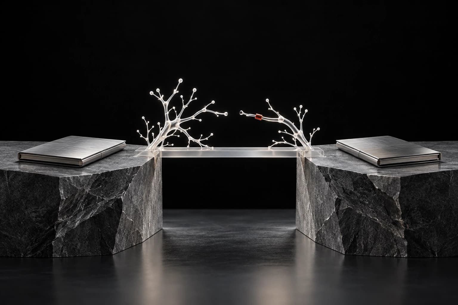 Two graphite plinths hold separate metal folios while an unfinished white branching structure spans a translucent bridge, with one red clasp.