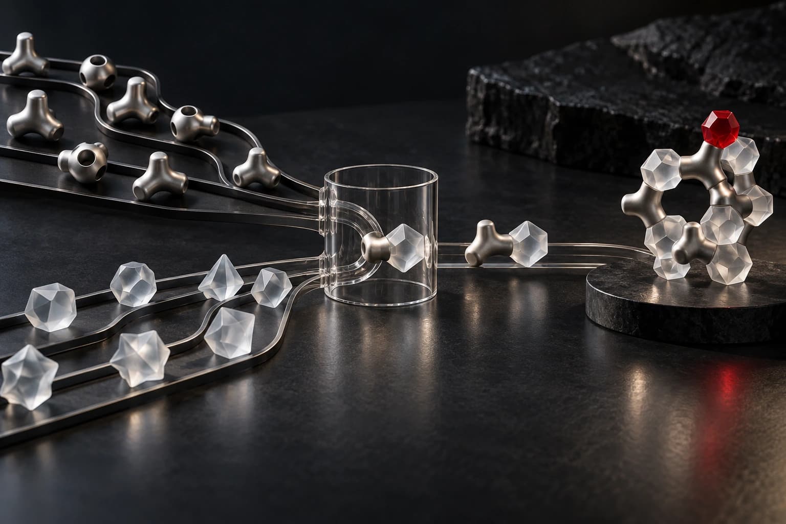 Silver and frosted-glass sculptural pieces follow separate tracks through a clear selector toward an assembled form