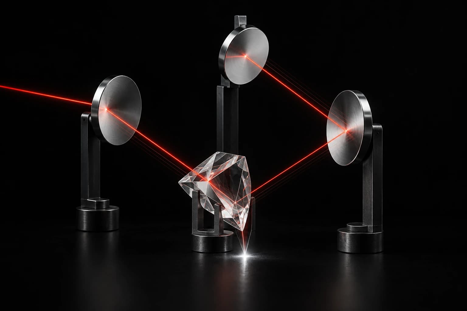 Polished silver optical discs and a translucent crystal direct a fine red beam towards a bright focal point in a dark abstract precision sculpture