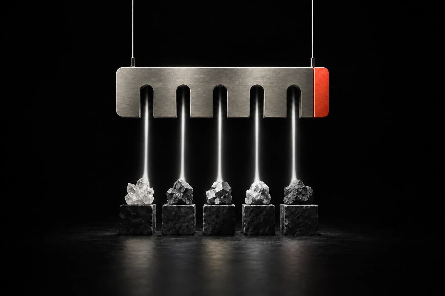 A suspended silver allocation comb directs five white channels toward grayscale mineral forms, with a red stop marking a boundary.
