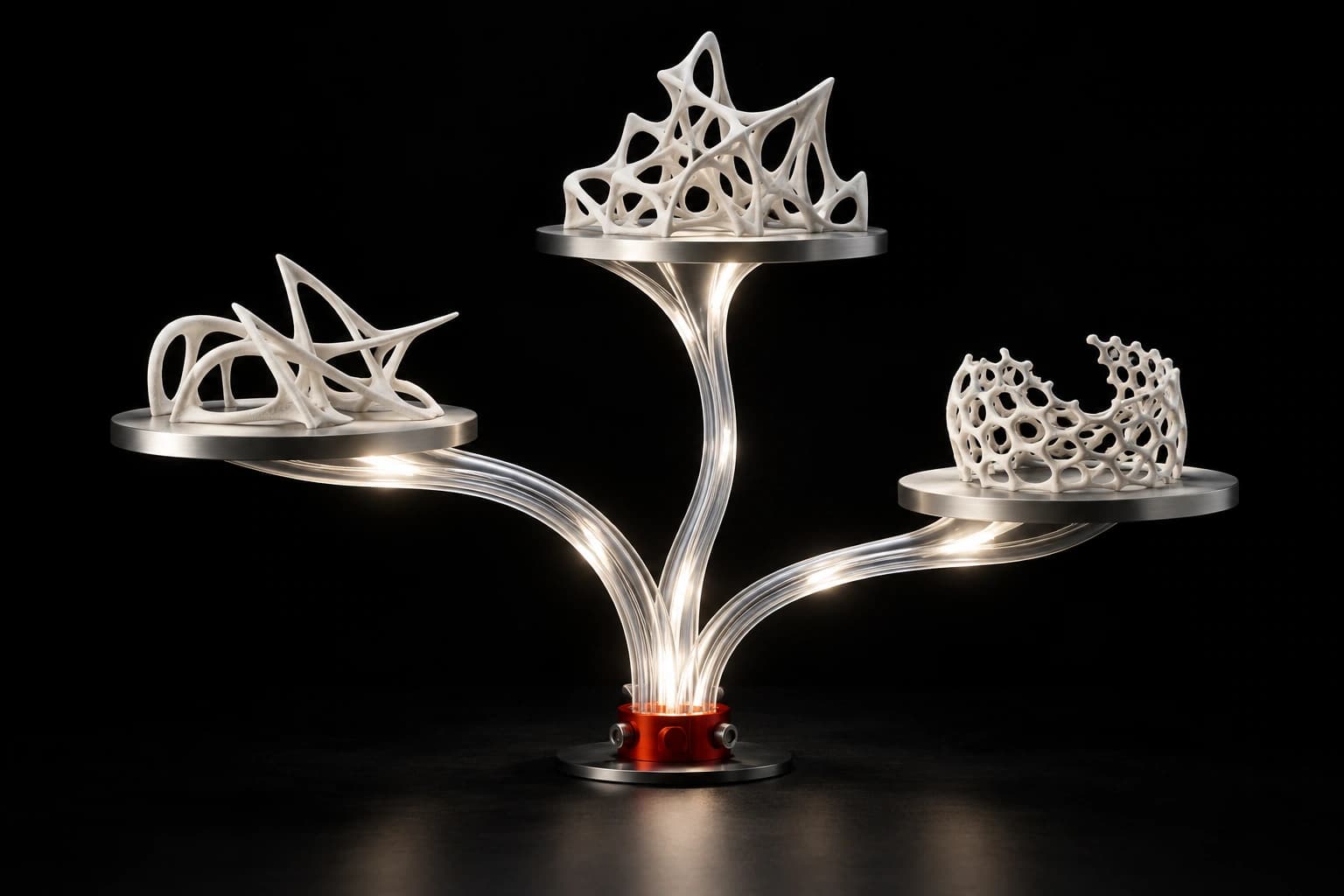 A branching glass light guide supplies three silver work platforms, each holding an unfinished white ceramic lattice, with a red clasp at the root.