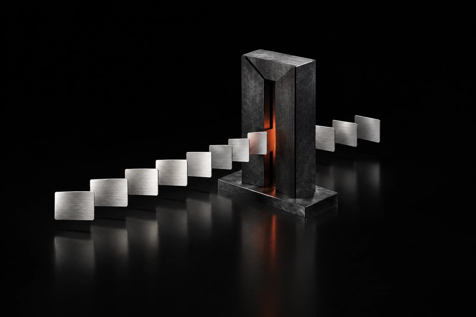 Silver research forms gather at a narrow graphite validation gate, with one small vermilion marker and a dark open background