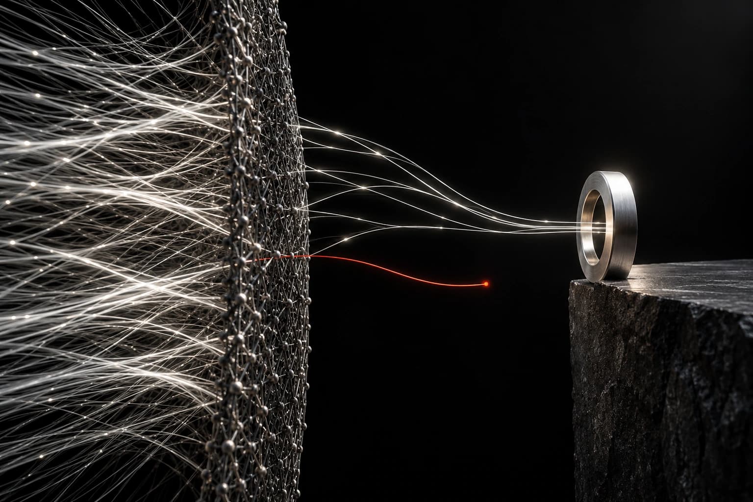 White filaments pass through a broad graphite mesh toward a separate precision silver aperture, with a red filament stopping at the dark gap between them.