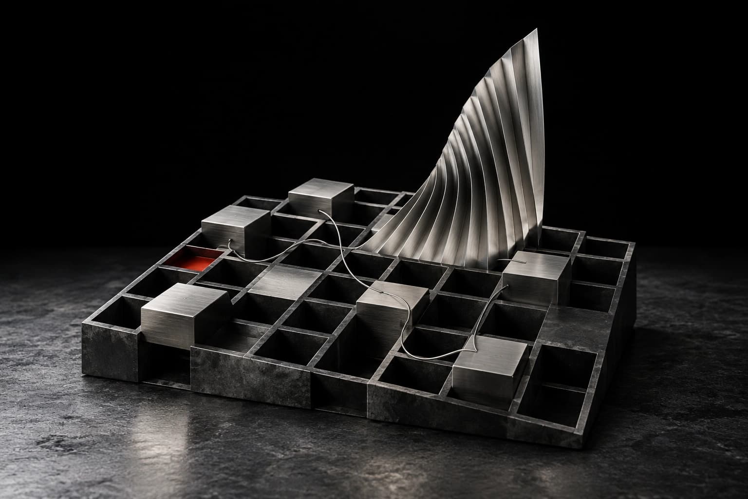 Silver inserts fit selected cells of a graphite lattice while a folded metal thermal fin rises above it, with a single red inset marker