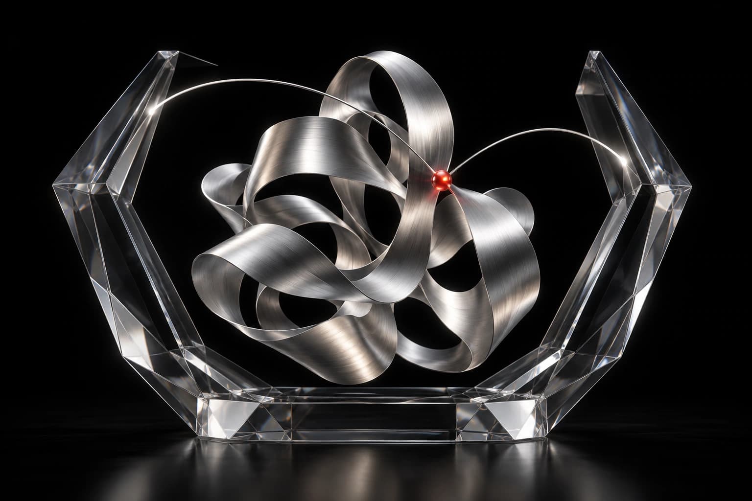 An invented folded silver ribbon rests in an open faceted glass inspection cradle, with fine arcs meeting at a single red annotation anchor.