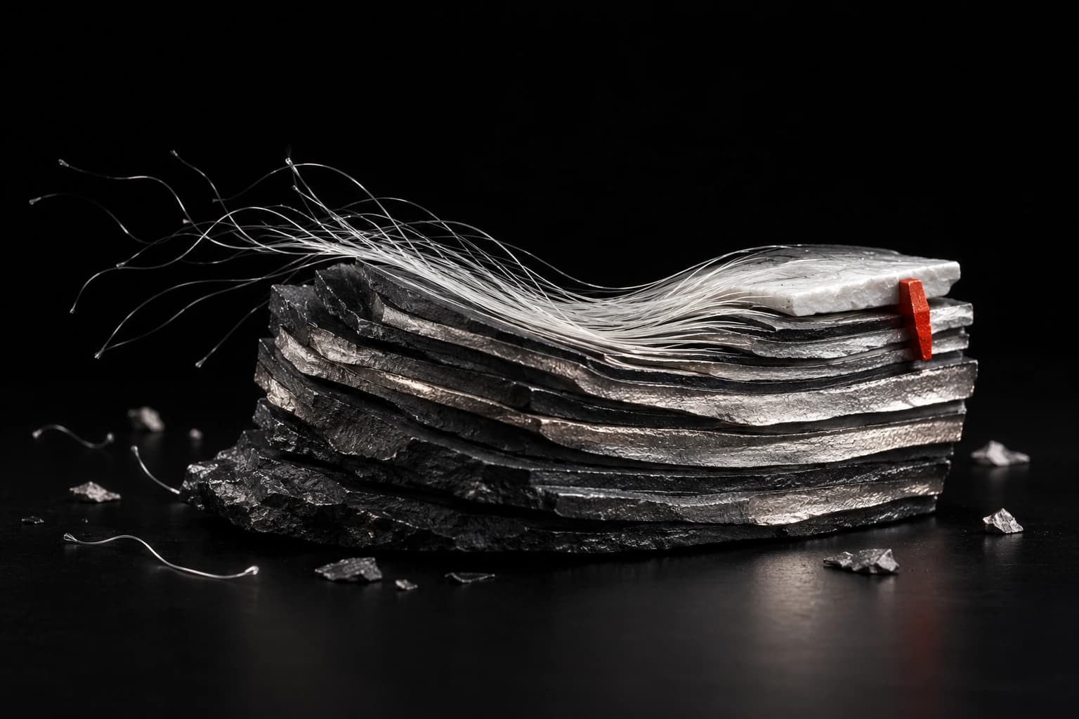 Loose white filaments settle into offset graphite and silver strata, with a new white ceramic layer secured by a small red wedge.