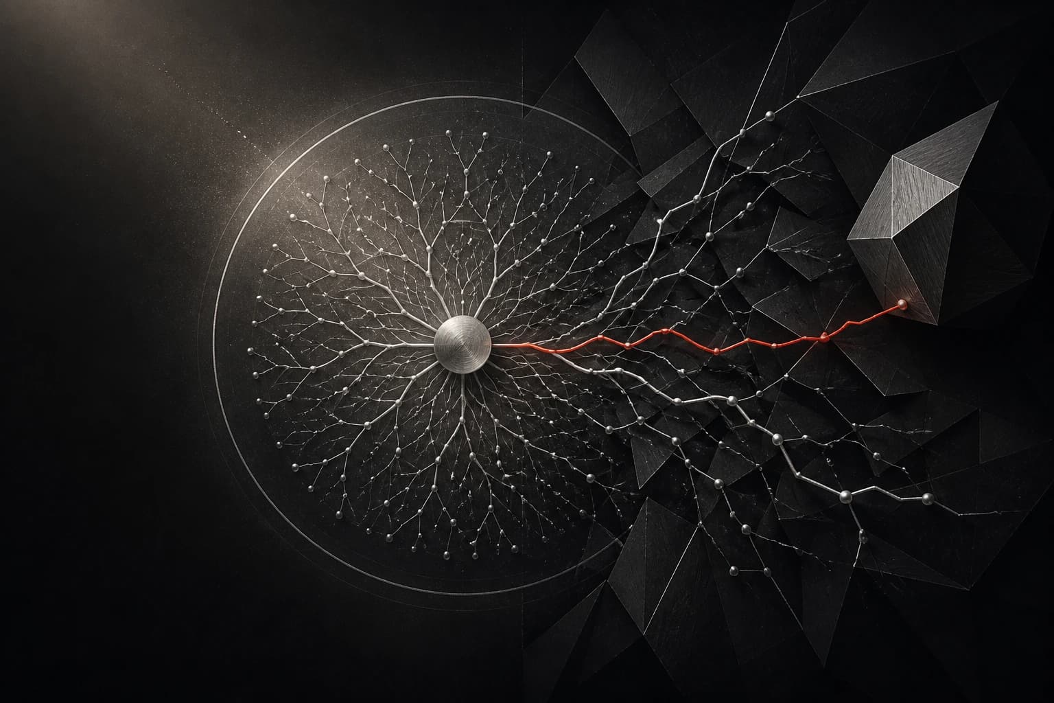 A compact silver choice tree fits inside a familiar circle, while paths scatter across unfamiliar dark geometry and one red path continues