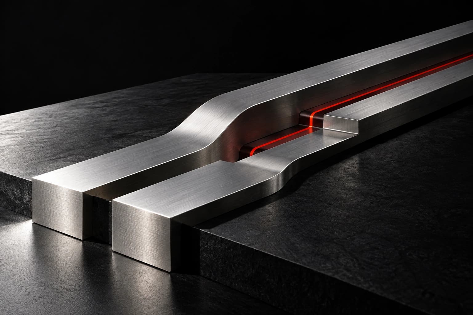 Two brushed-silver processing channels span a graphite slab, with a narrow red return route between them