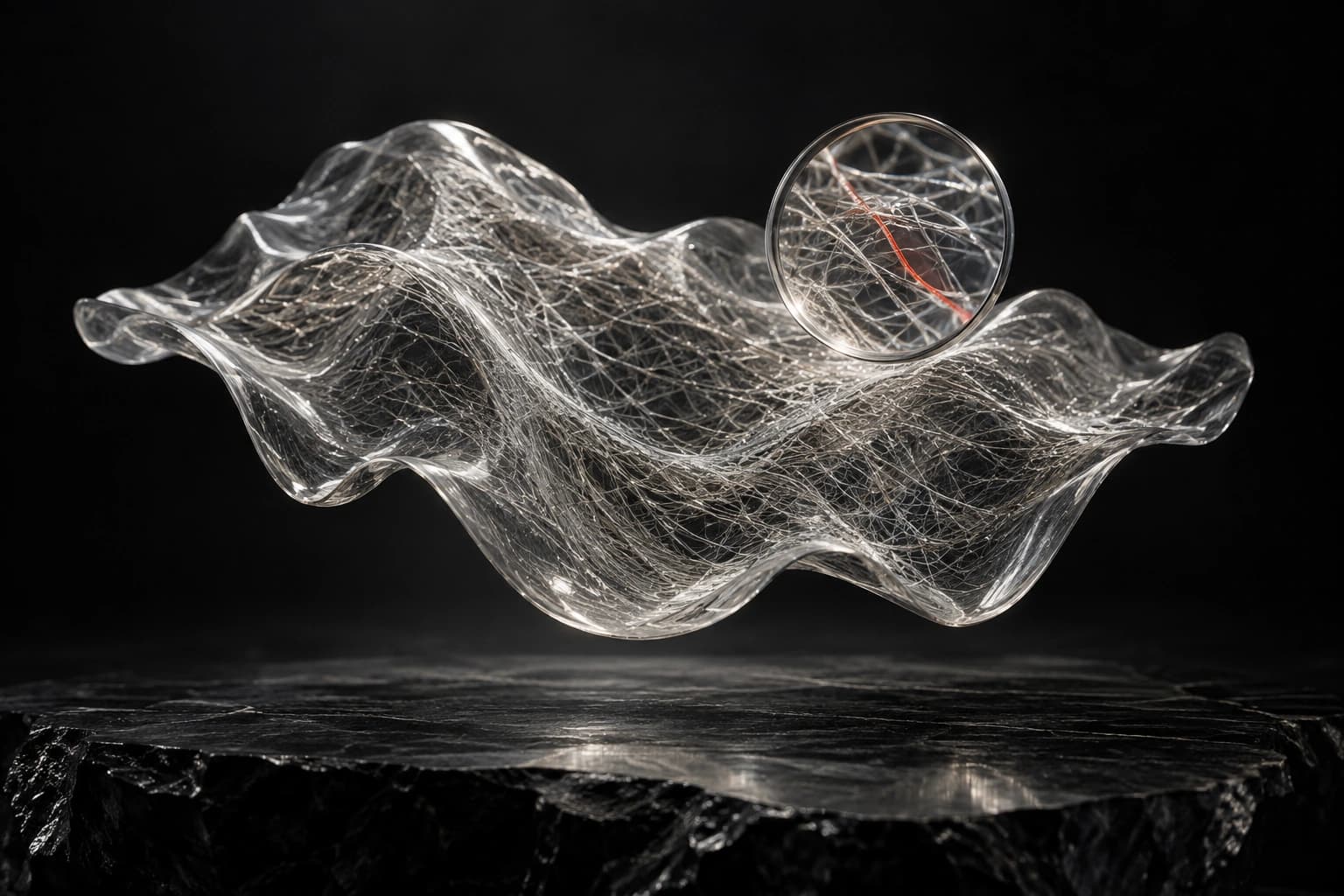 A circular glass lens reveals one red filament within a rippling translucent silver membrane suspended over dark stone