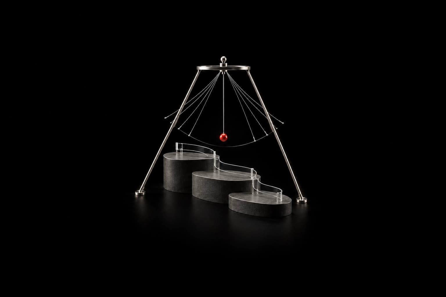 A silver pendulum with one red bob hangs above three graphite terraces, with fine motion arcs and clear curved guides suggesting structured practice