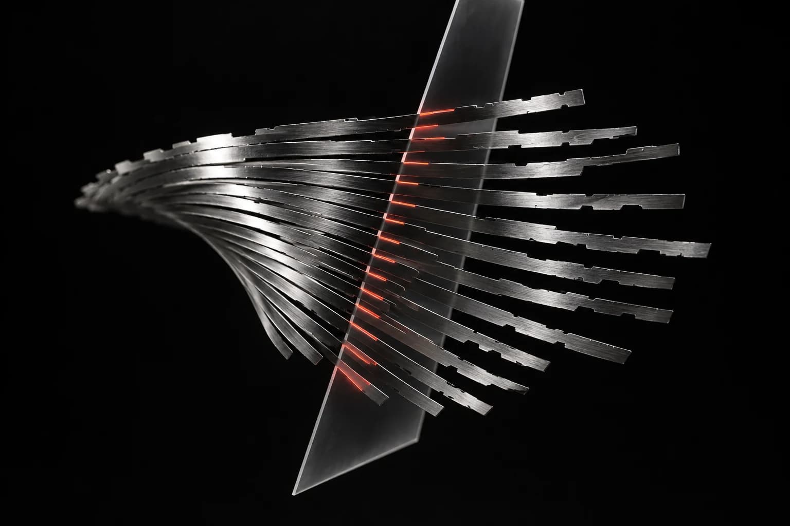 Notched silver strips fan through a translucent inspection plane, revealing an interrupted red pattern against a black field