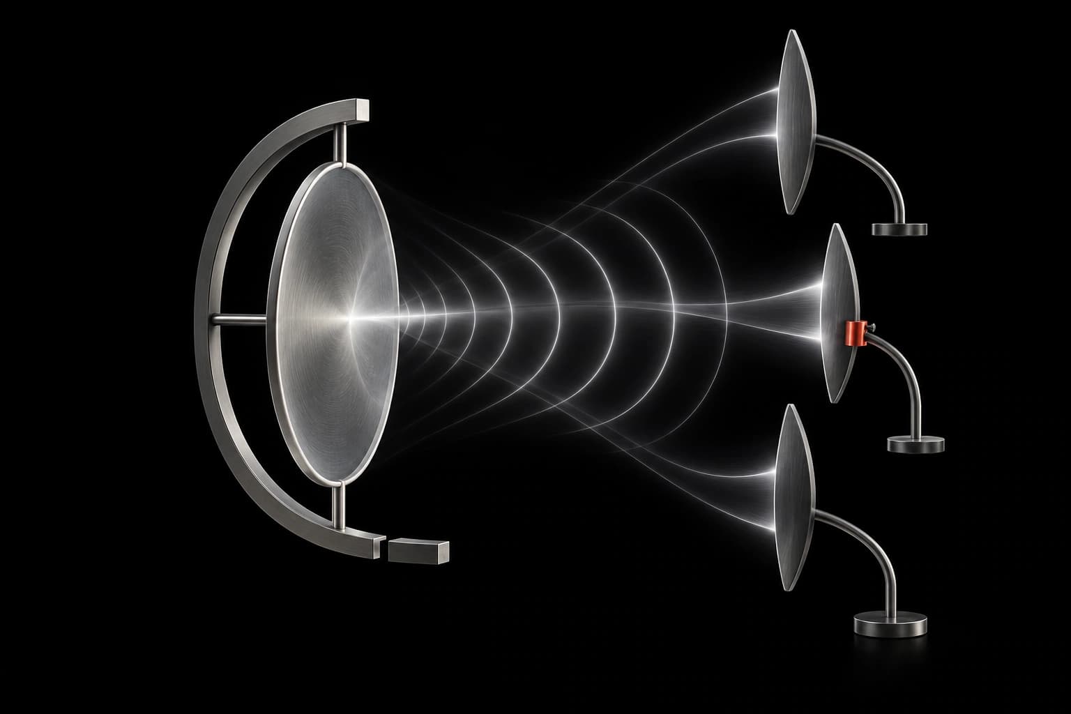 A translucent diaphragm sends a white wave toward separate graphite receiver reeds, one with a red collar and others with unfinished connections.