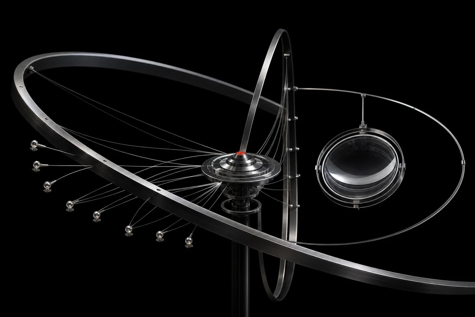 Silver policy orbits and public-service filaments converge on a small red central pivot while a transparent inspection lens remains in view
