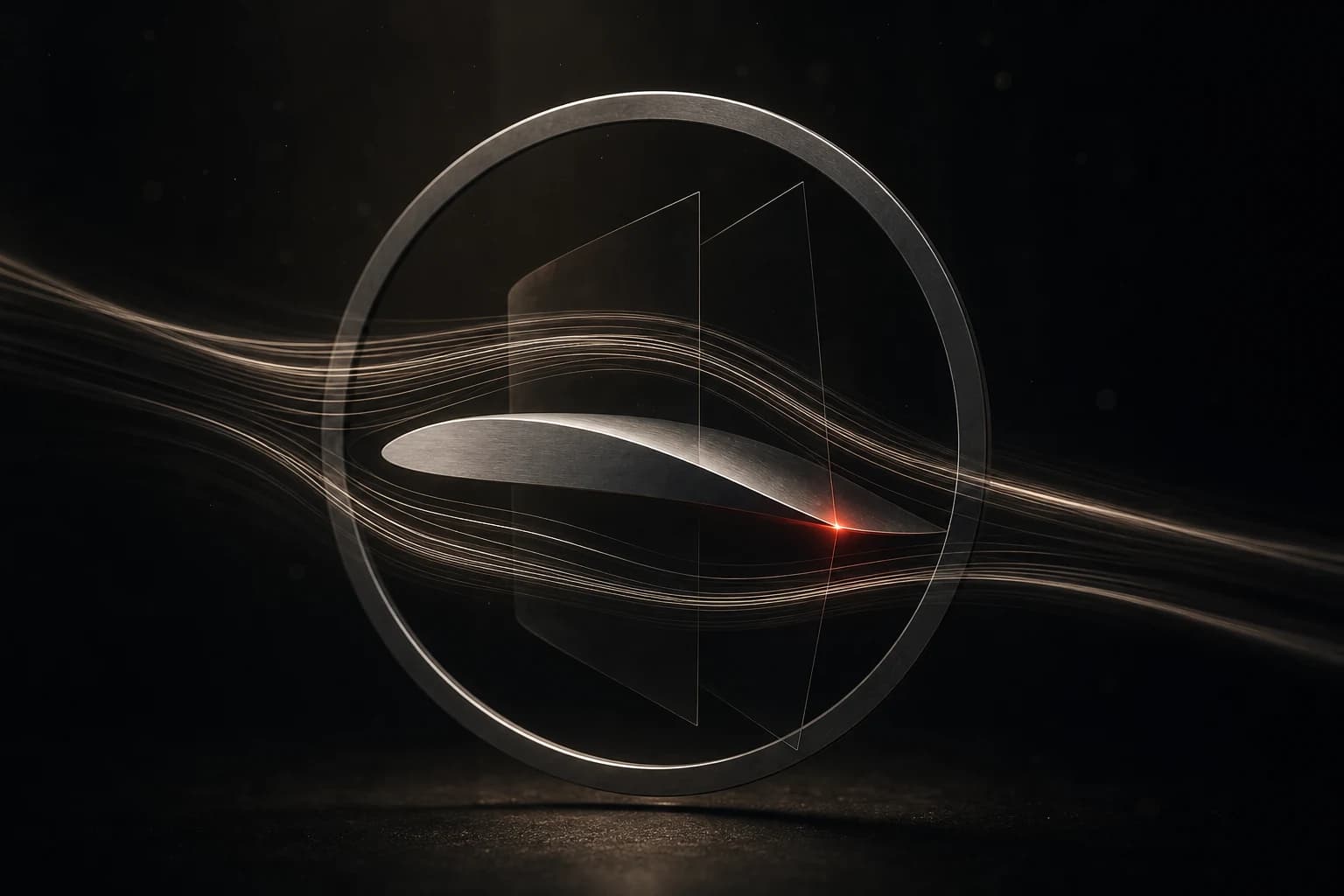 A silver airfoil passes through two translucent control planes inside a dark ring, with a small red point marking the handover