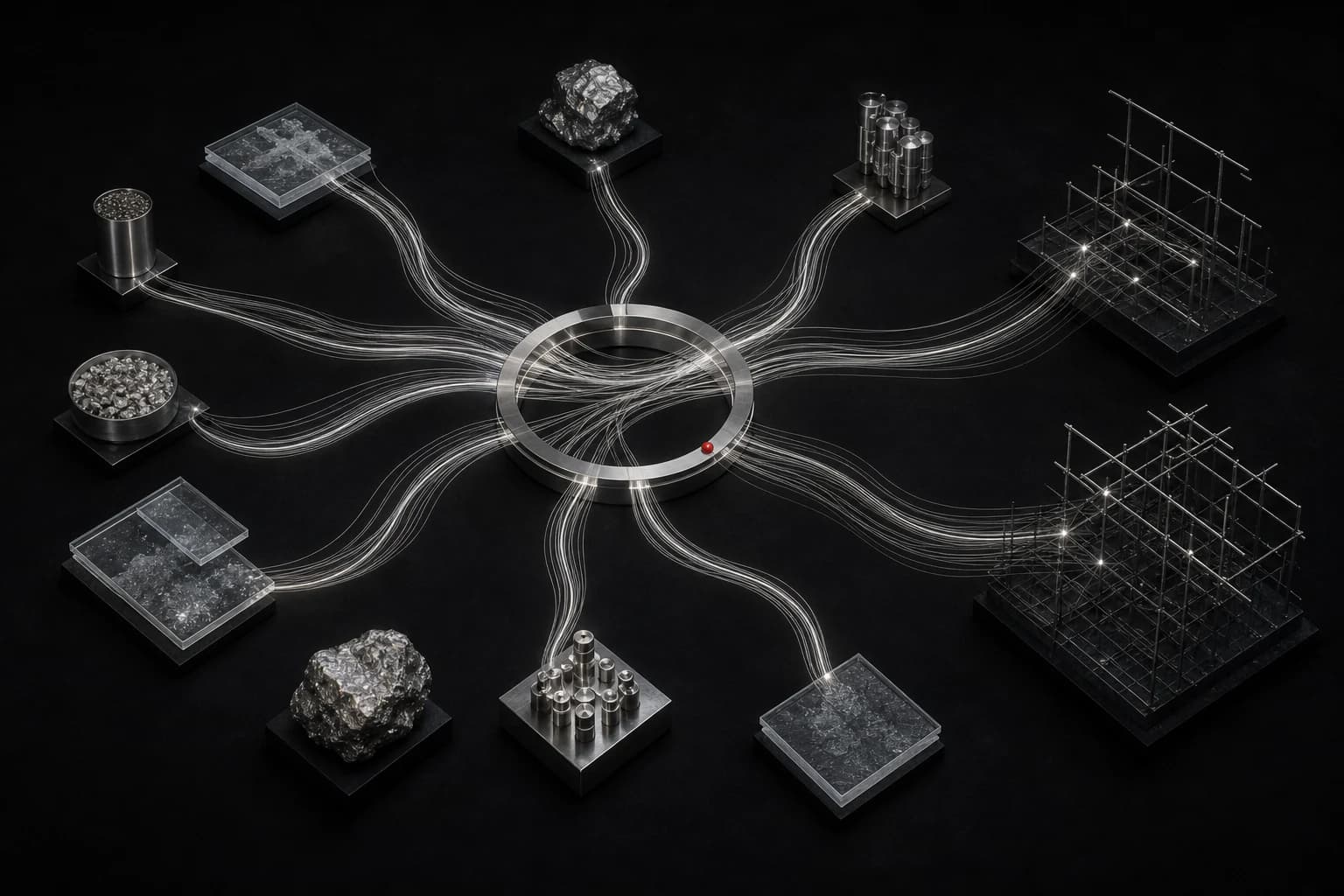 Separate silver research forms connected by fine white filaments to one open central exchange, with two unfinished structures beyond it