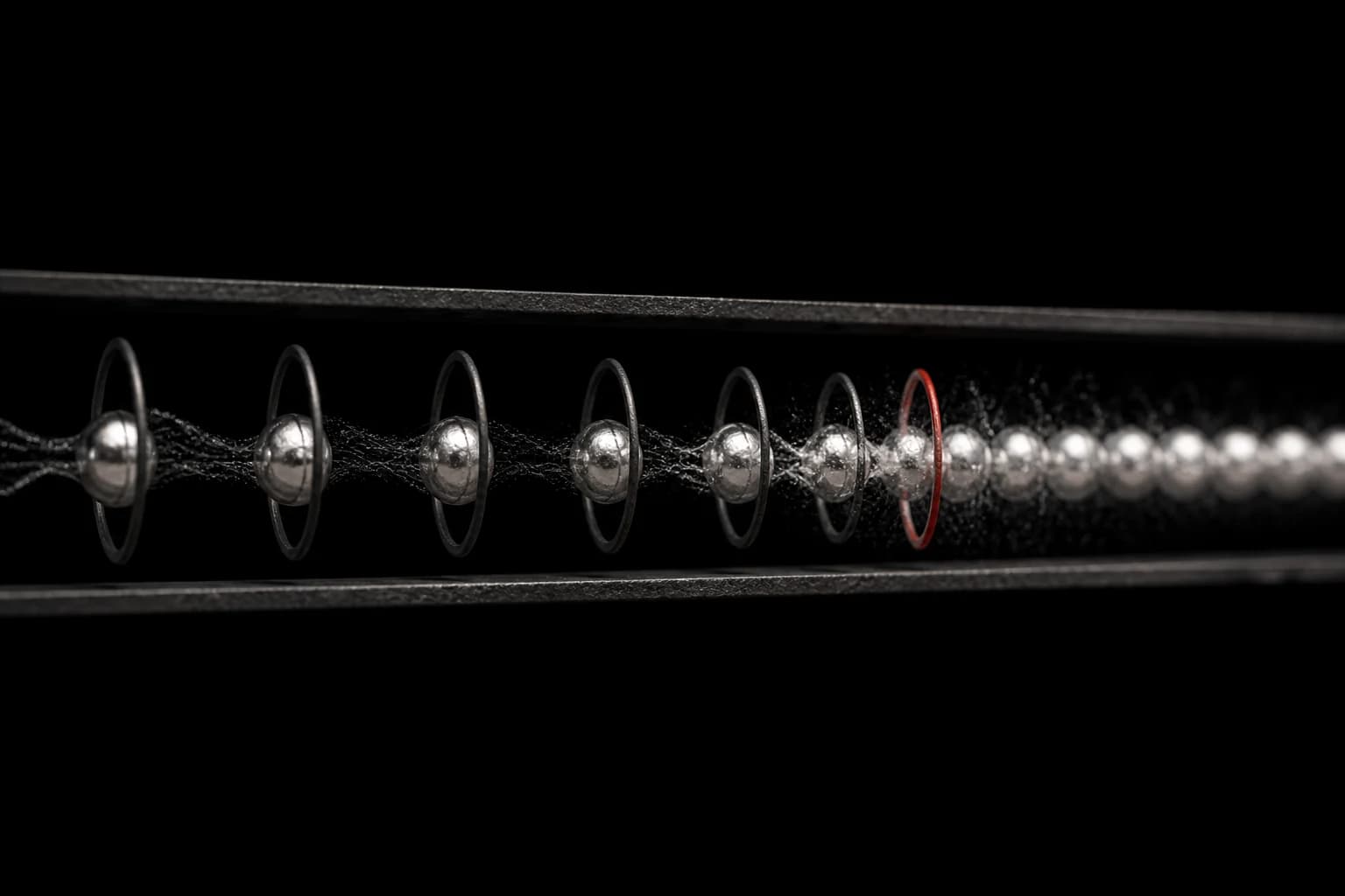 Slow silver pulses pass through clear witness rings before a red boundary, after which faster pulses blur together and fade