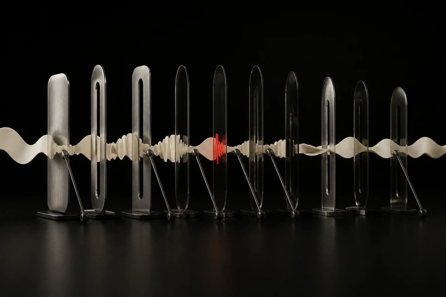 An off-white acoustic ribbon passes through ten silver and smoked-glass listening gates with one missed error marked in red