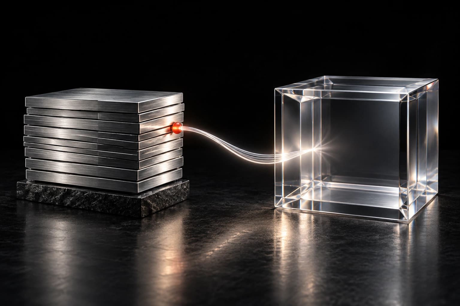 A stack of silver archival plates connects to a separate hollow glass answer prism through a luminous tether marked by one red origin bead.