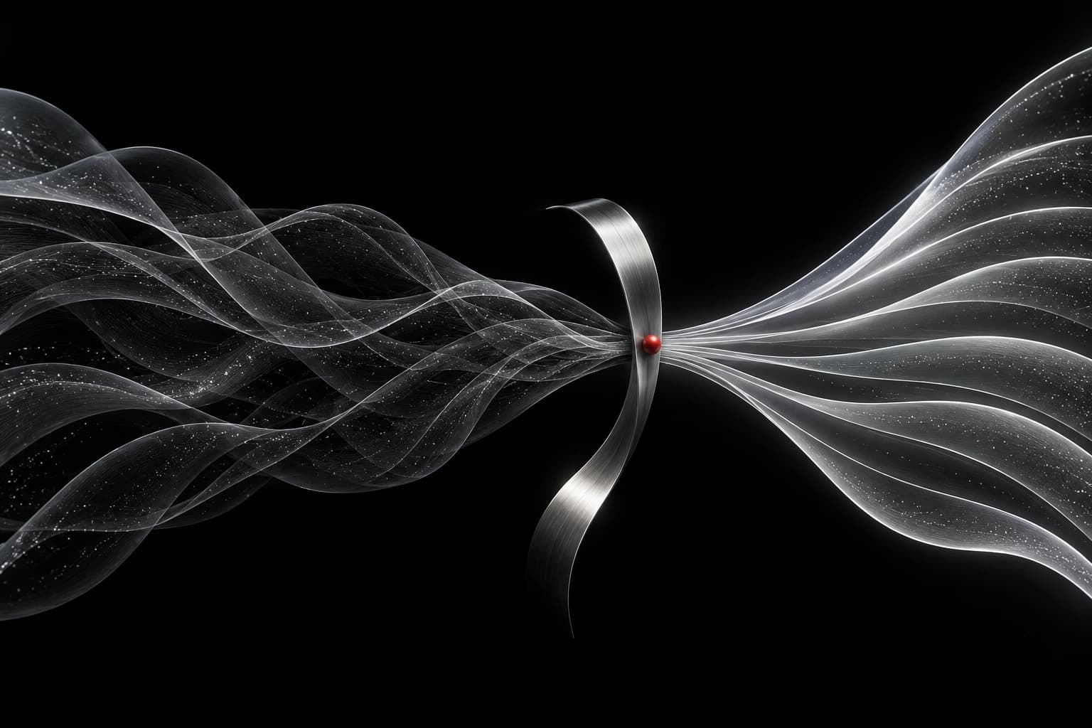 Translucent wave sheets pass a curved silver calibration ribbon with a red anchor and emerge as a separated fan of possible trajectories.