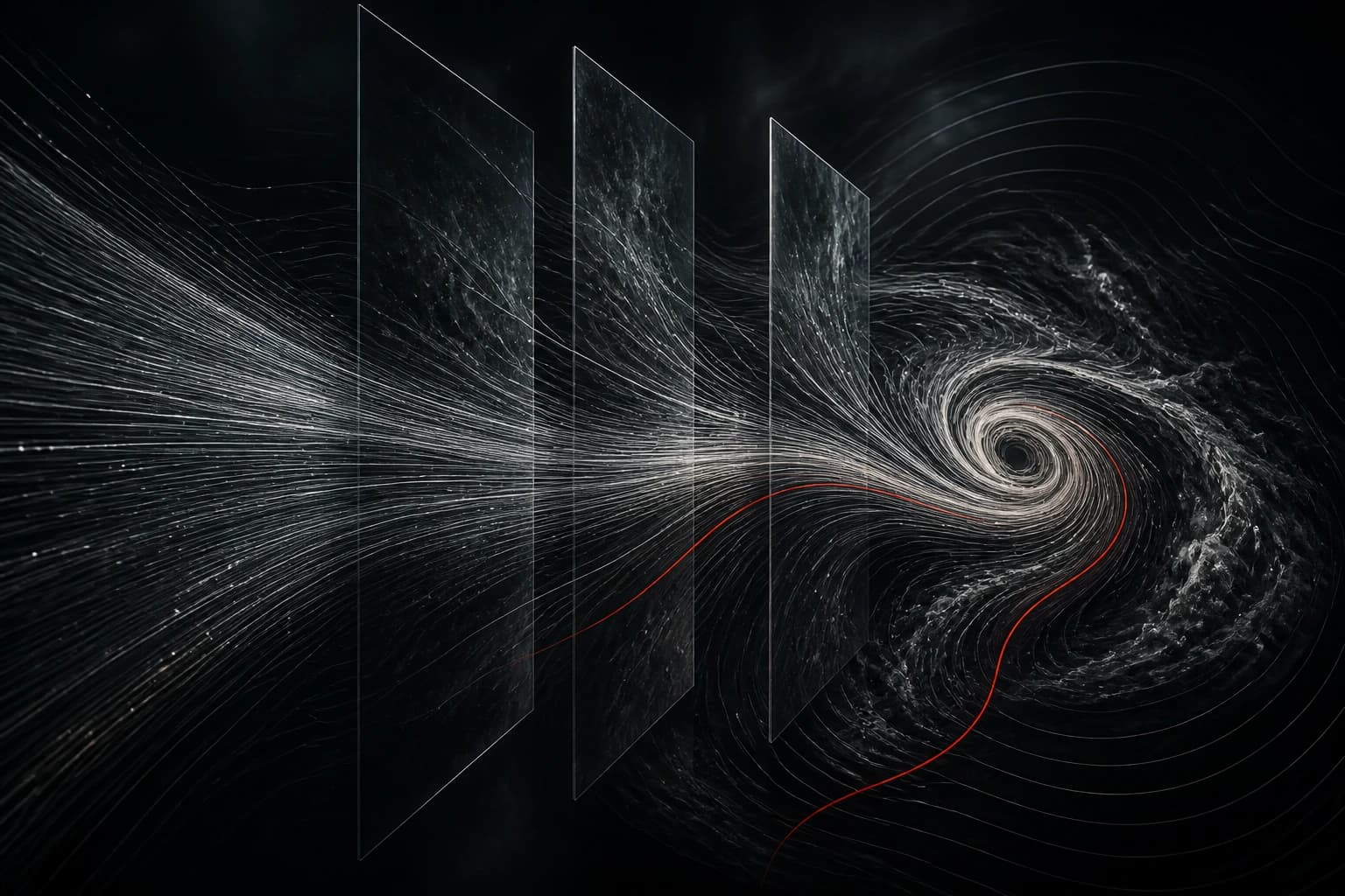 Silver forecast paths cross three dark atmospheric planes and gather around a cyclone, while one red path diverges