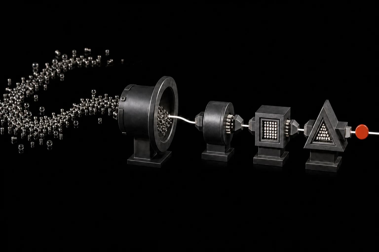 Many loose silver contact points enter a dark instrument and emerge as three stable geometric action modules linked to a plain red verification disc