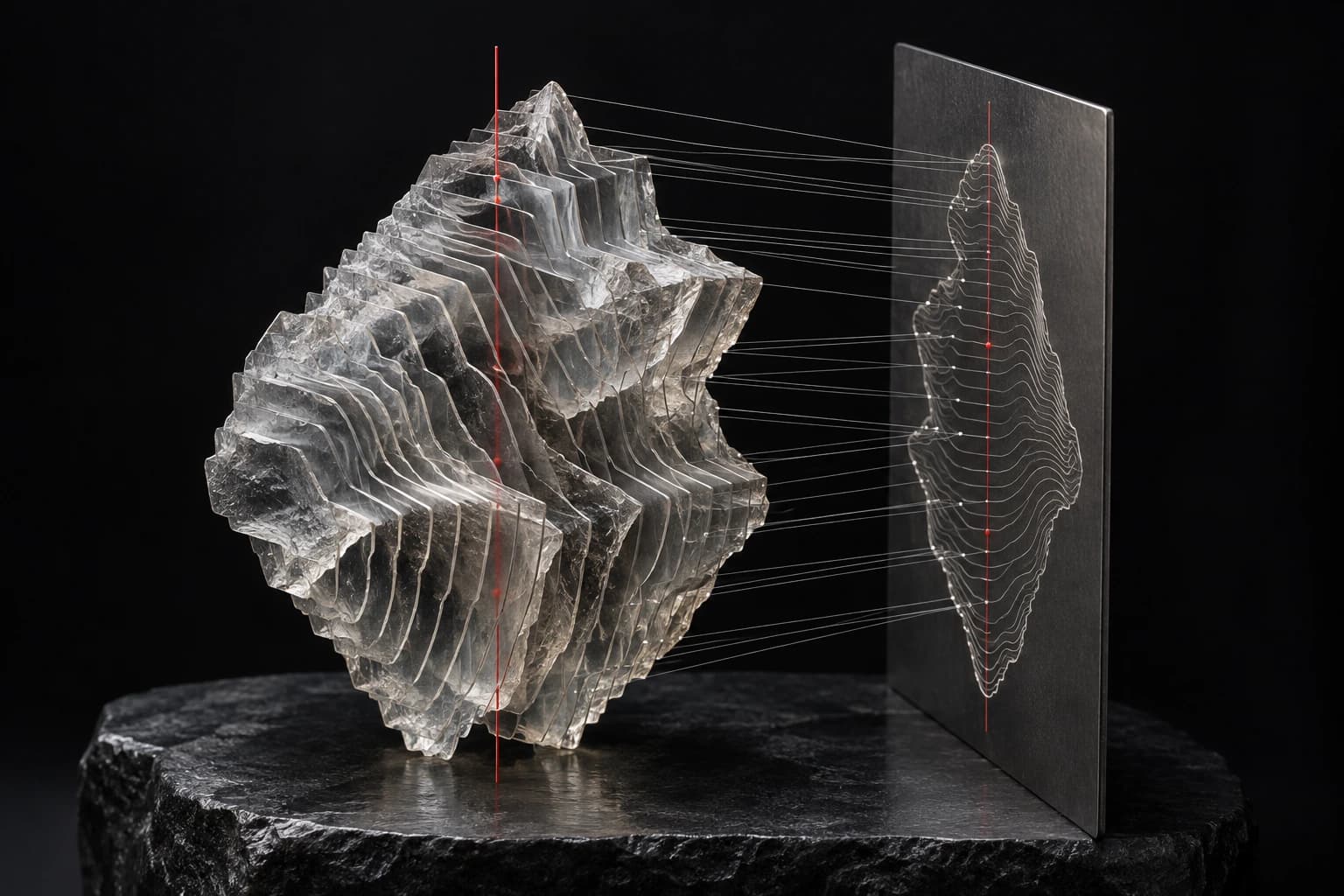 A layered translucent silver mineral form is linked by fine projection lines to its flat contour on an upright graphite panel
